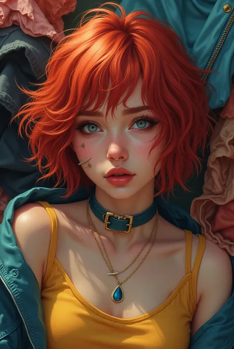 Girl with short wavy red hair with piercings on her cheeks and nose, She has several clothes lying on top of her 
