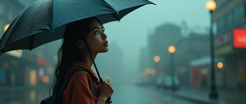 a girl, standing, holding a umbrella, rain, lookup the sky.lyh
 natural light,  close-up shot,  eye-level angle,  Smoke and ash in the air,  soft lighting,  80s music clip background,  big depth of field,  (realistic,  photo-realistic:1.37) 