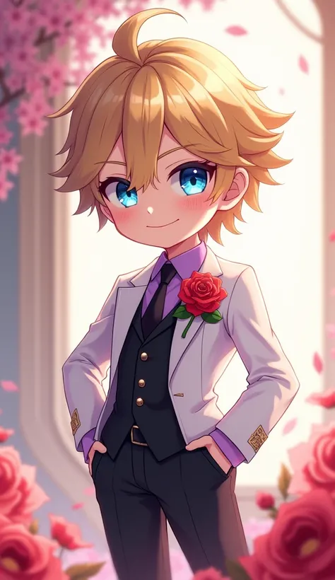 Anime style, exquisite masterpiece featuring League of Legends character Ezreal depicted in a captivating chibi form, adorned in a luxuriously tailored white suit embellished with a radiant red rose, complemented by a sleek black tie, his black pants exudi...