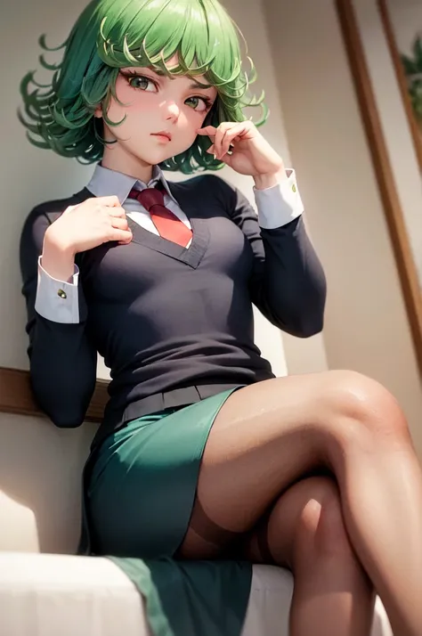 (masterpiece, best quality:1.2), solo, 1girl, tatsumaki, unamused, closed mouth, looking at viewer, hand on own face, sitting, crossed legs, collared shirt, necktie, skirt, pantyhose