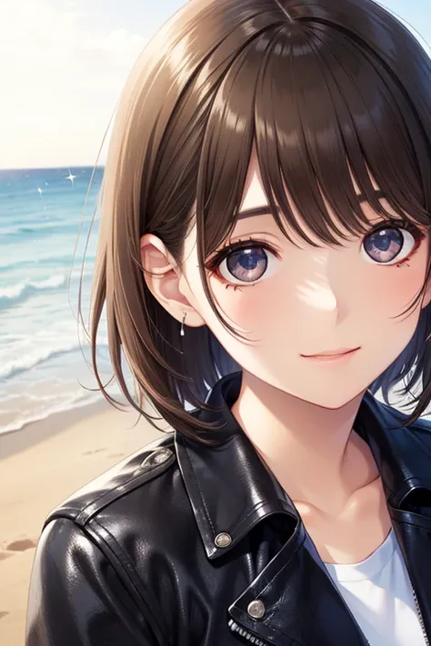 my grandmother、Shiny brown hair, Short Hair, (Beautiful brown eyes、Sparkling eyes, Fine grain)、smile、Ultra-detailed eyes、Highly detailed face, Highly detailed eyes,Cowboy Shot、



(Best Quality:1.2), One girl, Black leather jacket、White shirt、break, evenin...