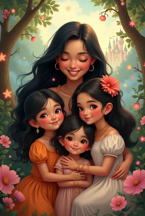 I want a photo of mom with black hair and 2 girls in Disney style 