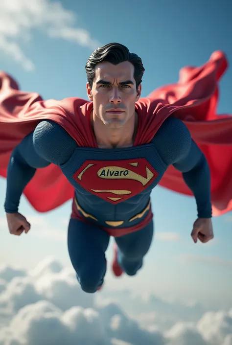 Superman with a logo that says Alvaro flying on top of a bike