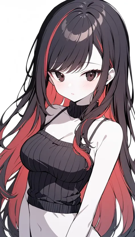 1 girl, medium breasts, raven black hair, light red highlights in hair, straight hair style, long hair, light red and black eyes...