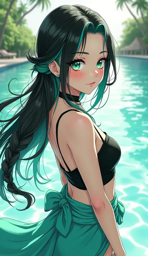 Monochrome manga art style, full clothed body portrait of a captivating anime female character, age 23, sleek black hair adorned with vibrant seafoam green streaks, stylishly slicked to one side showcasing bishōnen bangs, gracefully braided sidelocks frami...