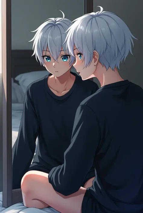 Photo, Anime of a 20 year old boy with white hair and blue eyes, with black sweatshirt, Sitting on a bed,  showing legs, autophoto, facing a mirror, headboard in the background