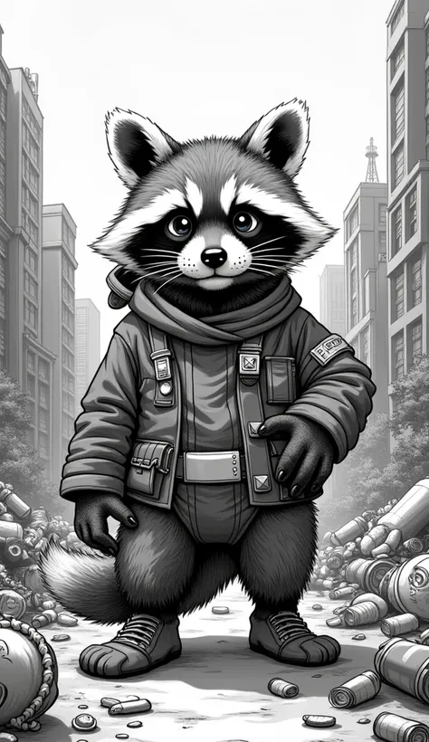 Monochrome manga illustration, whimsical raccoon engineer, emphasizing playful charm and resourcefulness, fur rendered in detailed linework showcasing texture, adorned in makeshift attire crafted from various discarded materials, intricately designed goggl...