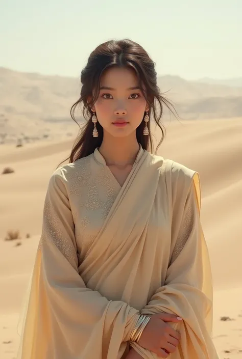 A 20 years old Korean girl single full picture. She is wearing a salwar suit with dupatta. The background is soft light and soft blurred desert 
