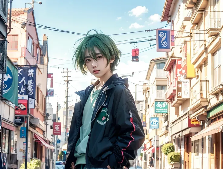 an anime portrait of a character is standing on an empty street with green hair, outdoors, solo, hands in pockets, jacket, male focus, 1boy, looking at viewer, pants, street, day, road, building, shirt
