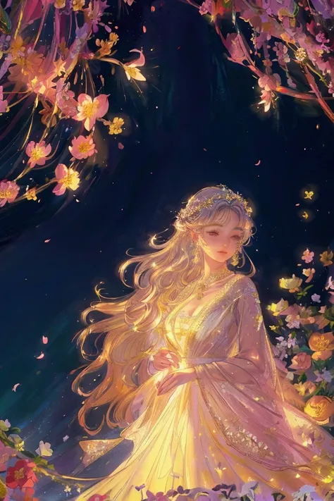 A stunning young woman standing amidst glowing, oversized flowers at night. She wears an elegant, ethereal gown with intricate floral embroidery and a flowing skirt that catches the light. Her long, wavy hair is adorned with a delicate hairpiece, and she h...