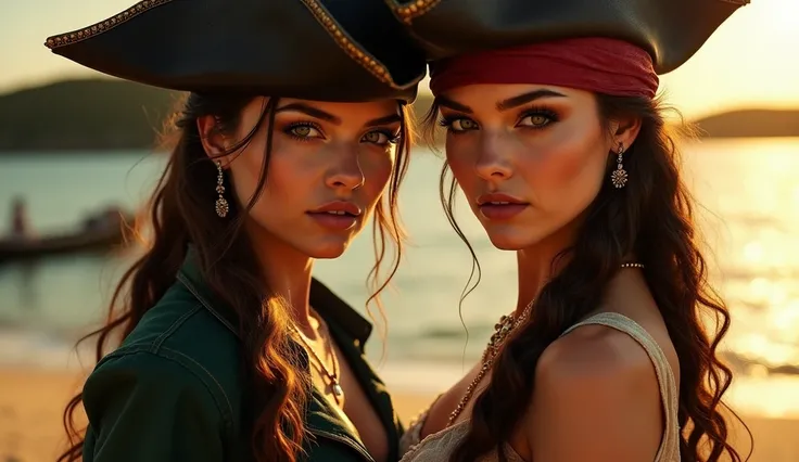 2 sexy girls, ExtremelyDetailed fullBody of (Mary Read and Anne Bonny), beautiful detailed eyes, beautiful detailed lips, extremely detailed eyes and face, long eyelashes, pirate outfits, treasure island, golden sunlight, dramatic lighting, cinematic compo...