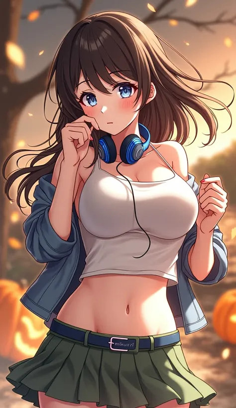 On his chest he says the word "Miku77" very small and she has dark brown hair, a fringe, tight white shirt that shows her big breasts, and she has blue headphones around her neck and a green skirt where you can see her legs.
She is a realistic Japanese ani...