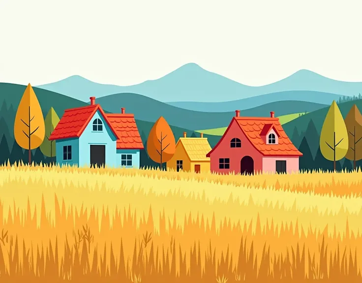 an illustration of a prairie landscape with houses of different colors with red tiles , very minimalist and with a lot of modern art bright colors, In the background you can faintly see the mountainous shapes and in front of the houses some wheat fields, b...