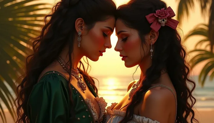 2 sexy girls, ExtremelyDetailed fullBody of (Mary Read and Anne Bonny), kissing,beautiful detailed eyes, beautiful detailed lips, extremely detailed eyes and face, long eyelashes, pirate outfits, treasure island, golden sunlight, dramatic lighting, cinemat...