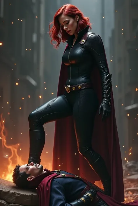 Natasha romanoff scarlet johanson places her boot trample on the head of  dr strange