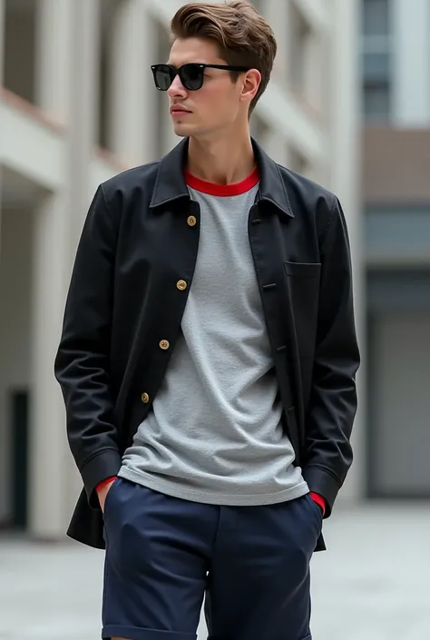 Grey t-shirt with red collar and black jacket and navy blue men&#39;s shorts 