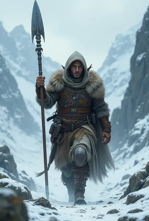 Elf man wearing those ice age clothes going to a war holding a spear