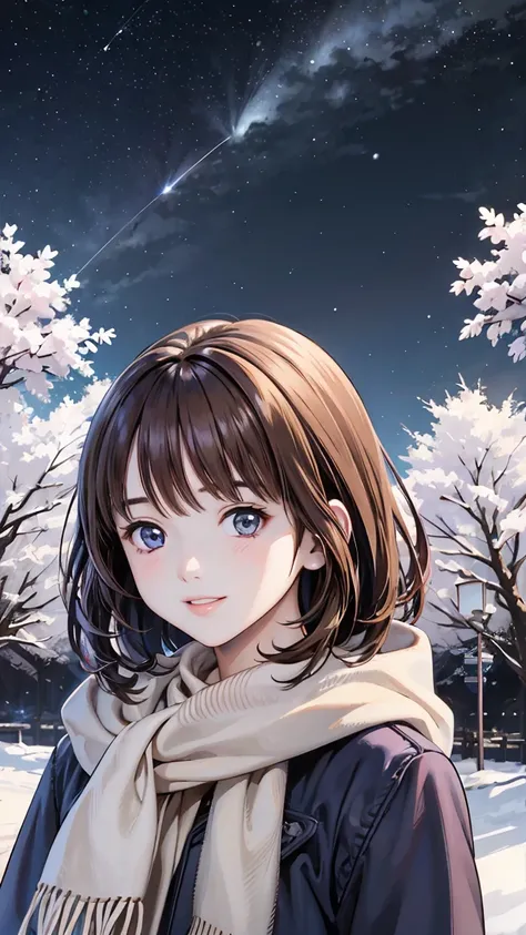 Nene Kasaki々、Shiny brown hair, Short Hair, (Beautiful brown eyes、Shining Eyes, fine grain)、smile、Very detailed eyes、Highly detailed face, Detailed eyes, Night sky above the hills. winter, winter colors, winter landscape, Starry Sky, Sky color Prussian blue...