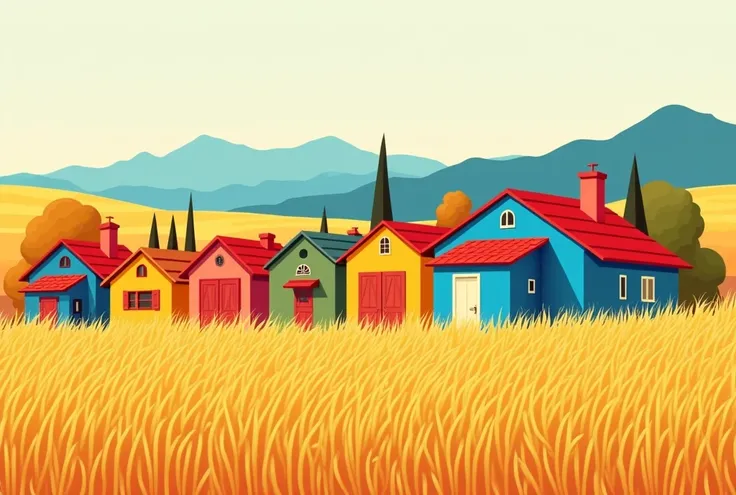 an illustration of a prairie landscape with houses of different colors with red tiles , very minimalist and with a lot of modern art bright colors, In the background you can faintly see the mountainous shapes and in front of the houses some wheat fields, b...