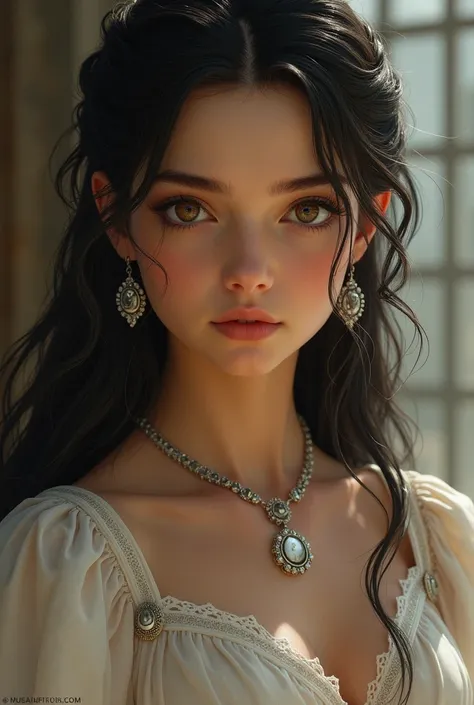 

•Physical:   grace and innocence looking who is 20 years 
•	Eyes: Deep brown, intense, and full of resolve.
•	Hair: Long, dark hair usually tied back, allowing her to focus on the mission without distraction.
outfit princess