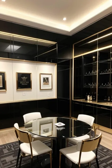 an office with gold and black colors and several award trophies, with a glass of white wine on the table