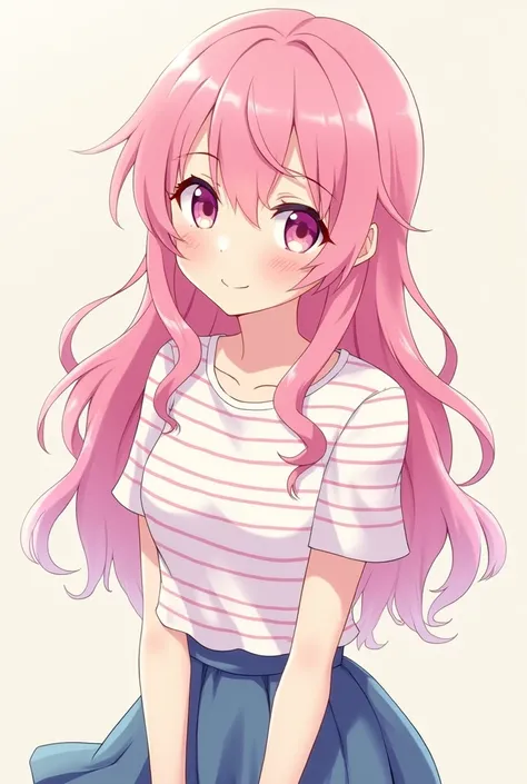 Anime girl being curious with pink wavy long hair wearing a t-shirt with stripes on it and a skirt