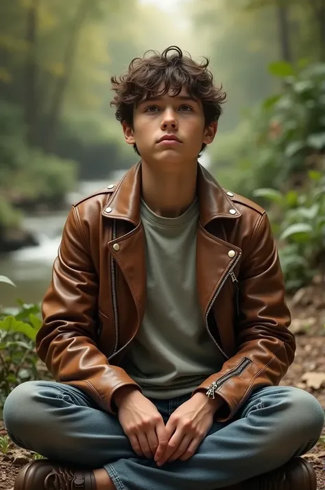 The boy in the picture is sitting cross-legged. He is wearing a brown leather jacket with silver zippers and a light grey t-shirt underneath.