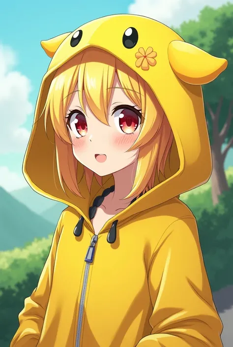 Create an anime character that has yellow hair, red eyes, a yellow coat, his hood has lemon features, his name is Linn, he is very calm, fun and also his coat has some lemon features on the blouse. 