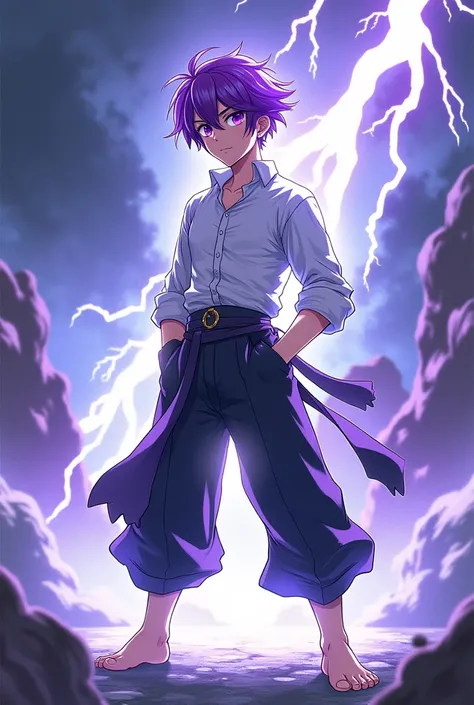 Full body man, short purple hair, purple eyes ,white blouse  , black anime pants, barefoot, fighting anime, eye powers of wind and lightning , super speed in the legs