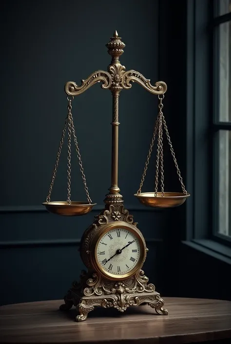 Table with the scales of justice and behind the scales at the bottom of the wall a clock for 12 at night 90 seconds 