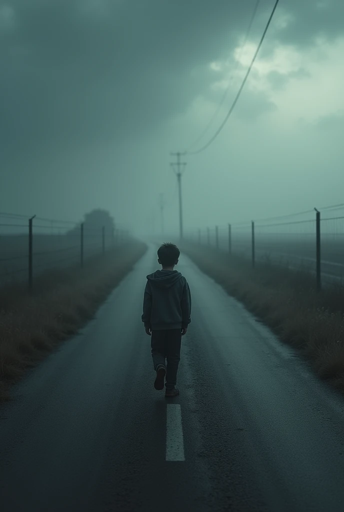 a young boy walking alone on a dark road, 1boy, detailed face, detailed eyes, detailed lips, detailed nose, detailed facial features, photorealistic, cinematic lighting, moody lighting, dramatic shadows, fog, mist, stormy clouds, gloomy atmosphere, desolat...