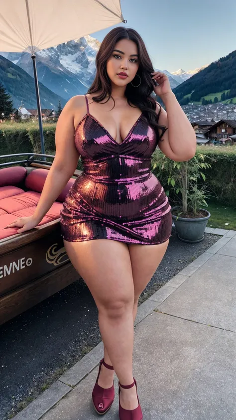 A beautiful curvy plus-size Indian rati agnihatri actress with glowing eyes, wearing a Giffniseti Plus Boat Neck Sequin Prom Dress Color: Burgundy. Her glossy red lips and blushing cheeks enhance her thick thighs, bigger waist, and busty, curvy plus-size b...