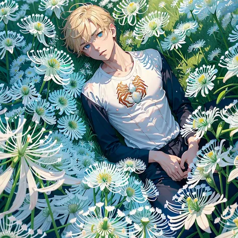 1 boy, Age 25、Look at, High resolution, Blonde, Layered CutBlue Eyes, Well-formed face、White shirt、Chest、(((Lying in a field of spider lilies)))、Side angle、Face Zoom.Color contrast、cluster amaryllis