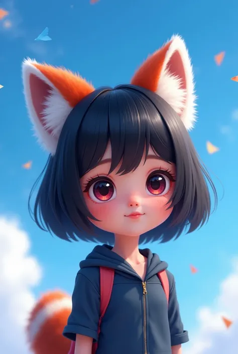 animation girl black hair,red panda ears,blue sky ears