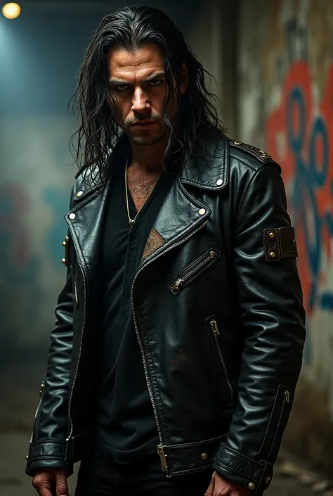 leather jacket, very tough-looking. Itll be a metal singer theme.