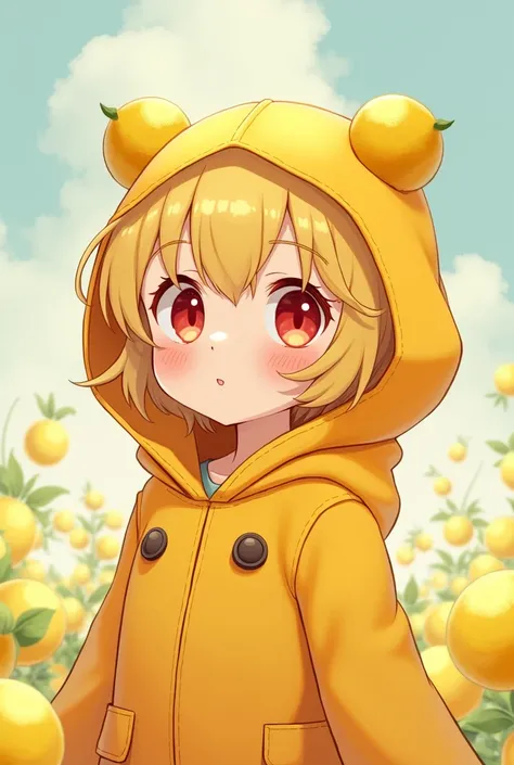 Create an anime character that has yellow hair, red eyes, a yellow coat, his hood has lemon features, his name is Linn, he is very calm and fun, he is a child.