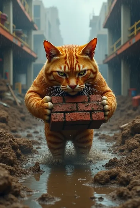 Orange cat carrying bricks at a construction site that looks realistic and is in a rainy, muddy climate

