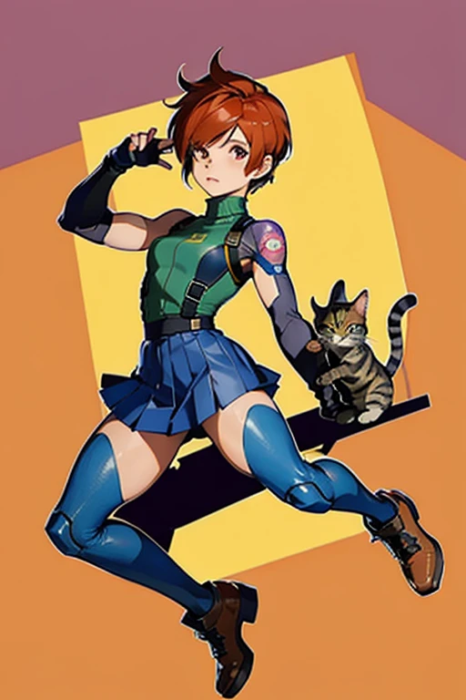 Gwen Tennyson,One girl,tracer,Jill Valentine, Rebecca Chambers,Overwatch,resident evil,close,Mecha Pilot,Body Paint, Haunted Forest,Tattoo,Blue and grey plug suit,hairpin,necoarc, slit pupils, cat ears, blonde hair, red eyes, Chibi, :3, turtleneck, blue sk...