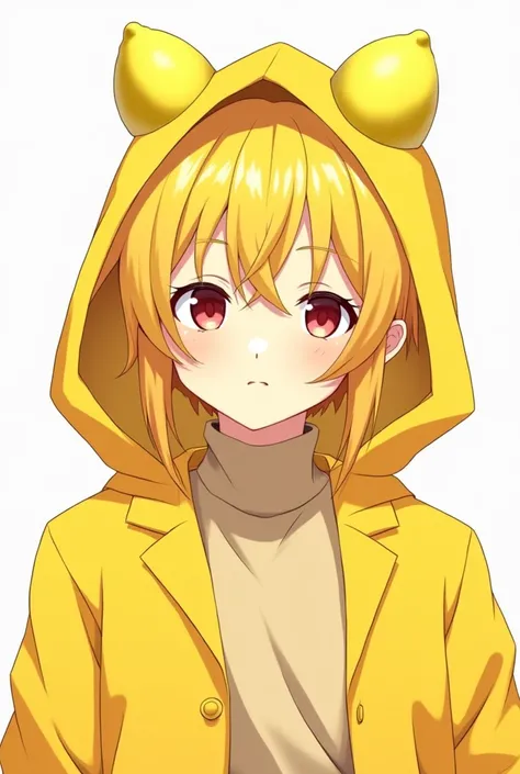 Create an anime character that has yellow hair, red eyes, a yellow coat, his hood has lemon features, his name is Linn, he is very calm and fun, he has lemon features on his hood