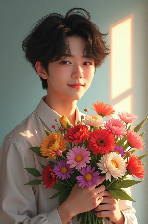 Stray kids bangchan holding flowers