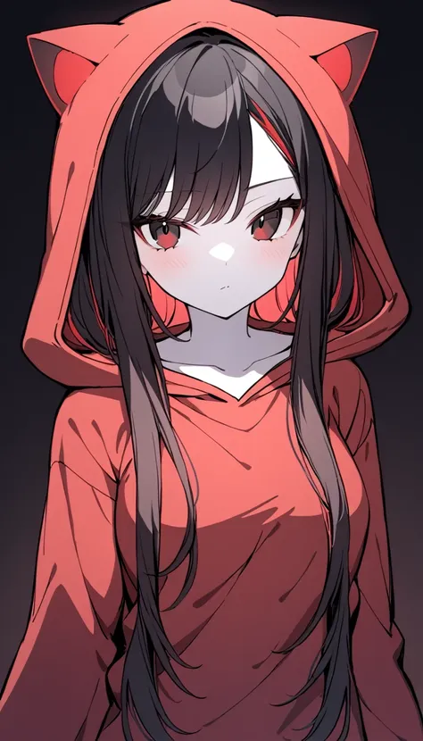 1 Girl, Medium Breasts, Raven Black Hair, Light Red Highlights In Hair, Straight Hair Style, Long Hair, Light Red And Black Eyes, Pale Skin, Smooth Skin, Soft Features, Black and Red Hoodie, Hood Up, Cat Ears On Hoodie