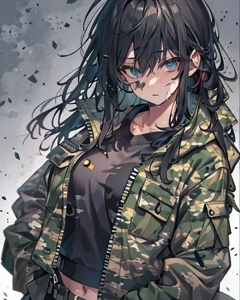 female soldier,Camouflage jacket,Belly button exposed,Black sweatshirt,Best Quality, Textured skin, Hair behind ears, Wet Hair, Large Breasts, Character portrait, Scarred Face,Rin々Shii,Anime Style, 