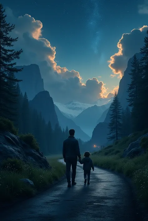 a man and a child walking on the road at night, highly detailed, photorealistic, 8k, hyperrealistic, extremely detailed, cinematic lighting, warm color tones, dramatic shadows, moody atmosphere, atmospheric perspective, detailed textures, realistic fabric,...