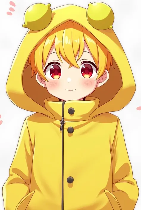 Create an anime character that has yellow hair, red eyes, a yellow coat, his hood has lemon features, his name is Linn, he is very calm and fun, he has lemon features on his hood