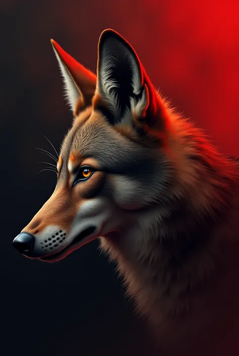 Draw the head of a maned wolf in profile, highlighting details such as the shape of the ears and the piercing eyes. The background should be reddish black, criando um contraste forte. Focus on conveying a sense of strength and mystery, with an expression t...