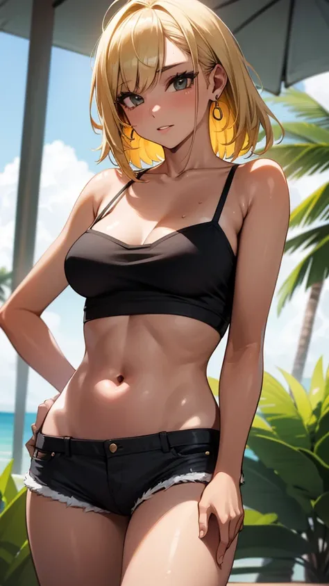 One girl, High resolution, masterpiece, Best Quality, Ultra high definition, Black Gal, Navel-baring camisole, Hot pants, Blonde, Sunburn, Medium Hair, Large Breasts, Earrings, 