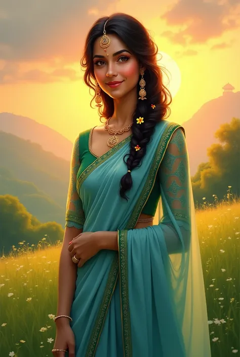 Radharani stands radiantly against a stunning sunrise, her fair complexion glowing in the soft light. Dressed in a light blue saree paired with a green blouse that features long lace sleeves, she exudes elegance. Her beautiful smile and enchanting eyes ref...