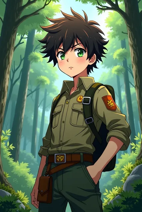 Create an image panel anime style My hero academia, gender teenage boy , dark brown curly hair, green eyes, white skin, in hunter uniform