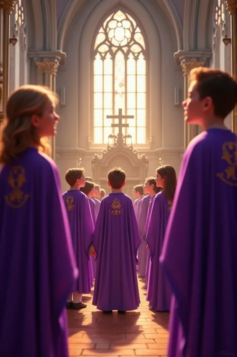 Image of a group of boys and girls choir wearing purple capes inside a church