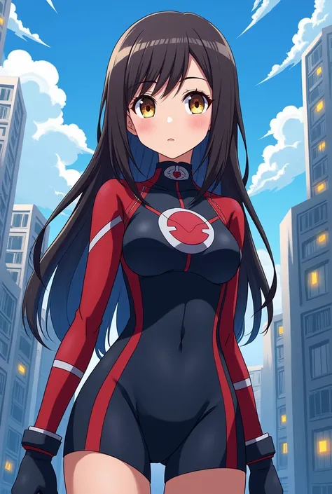 Create an image panel anime style My hero academia, gender teenage girl , long dark brown straight hair, Light brown eyes, white skin